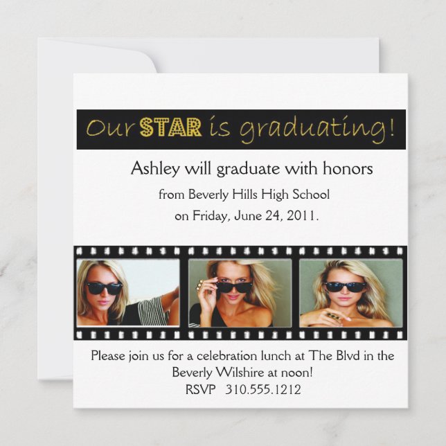 Graduation Announcement Hollywood Star Gold (Front)