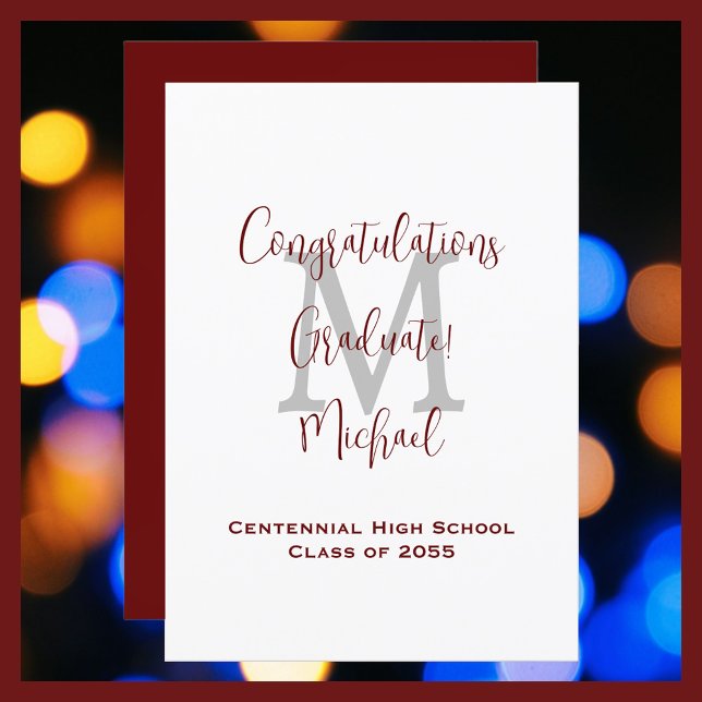 Graduation Announcement, Name Burgundy White Gray Invitation (Creator Uploaded)