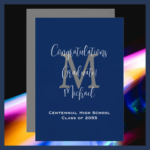 Graduation Announcement, Name Navy Blue White Gray Invitation