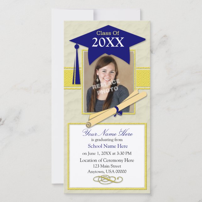 Graduation Announcement Photo Card - Blue & Yellow (Front)