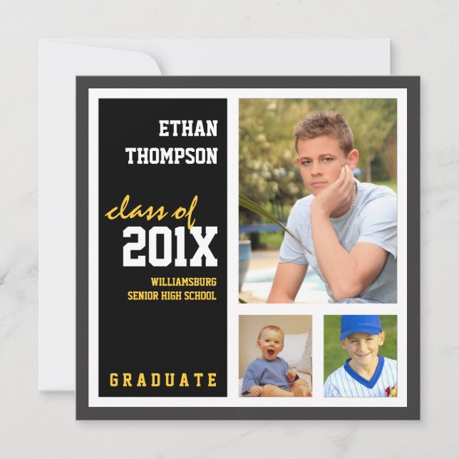 Graduation Announcement with 3 Photos Black Gold (Front)