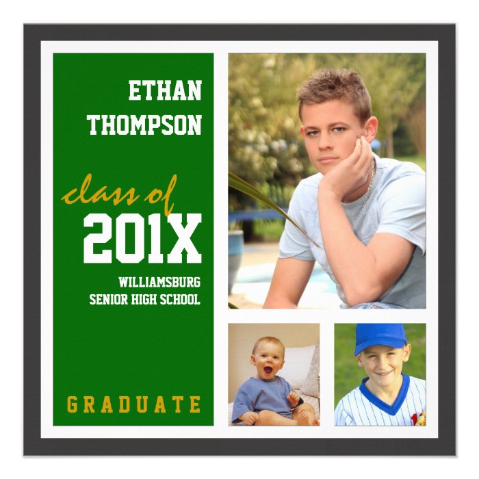 Graduation Announcement with 3 Photos Green