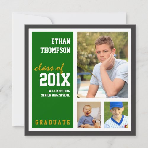 Graduation Announcement with 3 Photos Green