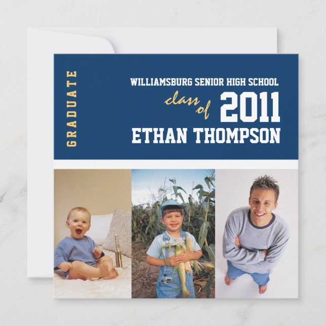 Graduation Announcement with 3 Photos in Navy (Front)