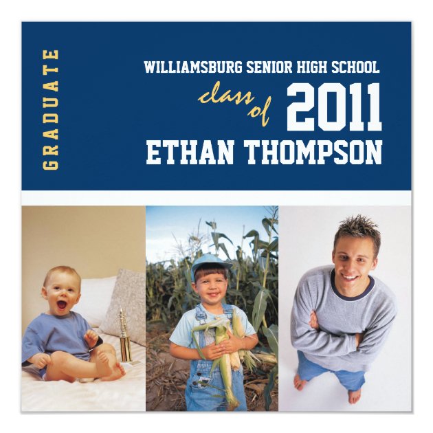 Graduation Announcement With 3 Photos In Navy