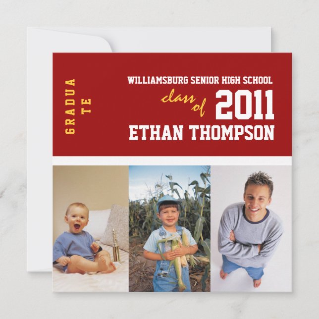 Graduation Announcement with 3 Photos in Red (Front)