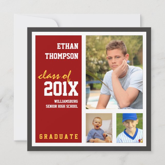 Graduation Announcement with 3 Photos in Red (Front)