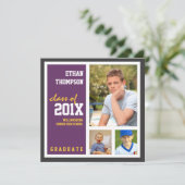 Graduation Announcement with 3 Photos Purple Gold (Standing Front)