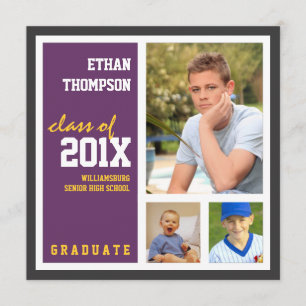 Graduation Announcement with 3 Photos Purple Gold