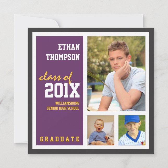Graduation Announcement with 3 Photos Purple Gold (Front)