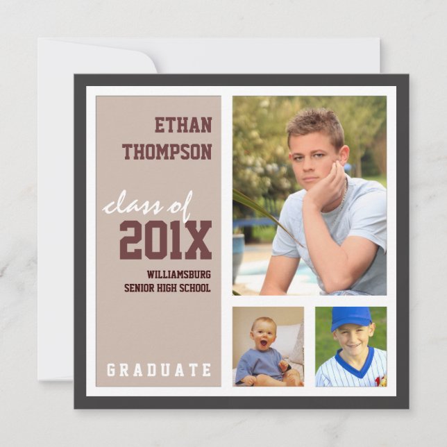 Graduation Announcement with 3 Photos Tan Brown (Front)