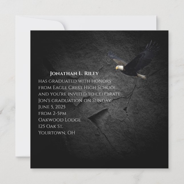 Graduation bald eagle on black rock invitation (Front)