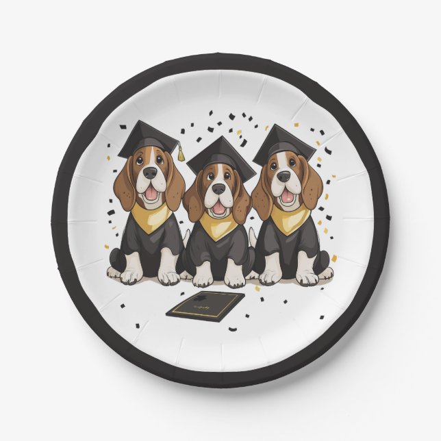 Graduation Basset Hound Dogs Paper Plates (Front)