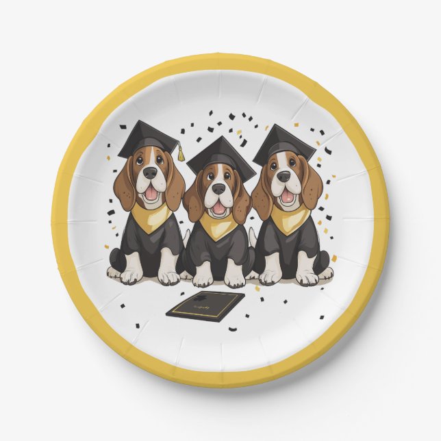 Graduation Basset Hound Dogs Paper Plates (Front)
