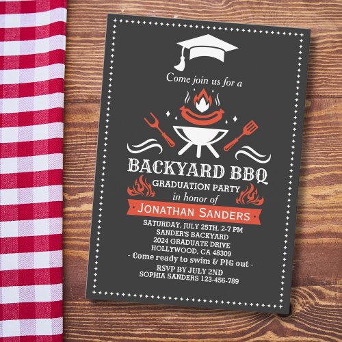 Graduation BBQ Backyard Black Invitation