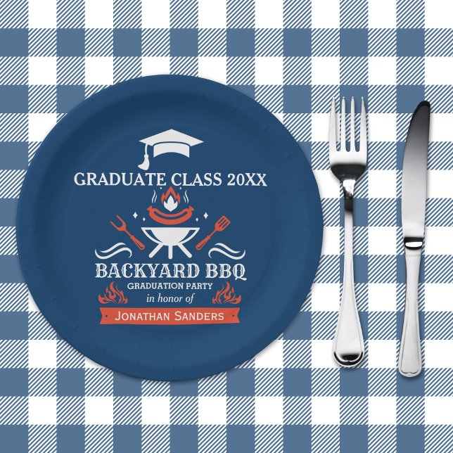 Graduation BBQ Backyard Navy Blue Paper Plates (Creator Uploaded)