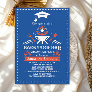 Graduation BBQ Backyard Royal Blue Invitation