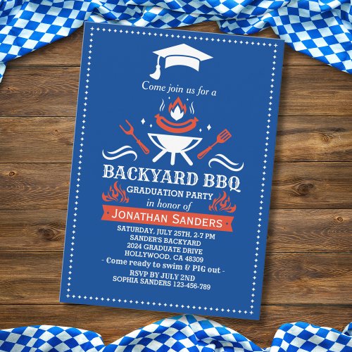 Graduation BBQ Backyard Royal Blue Invitation