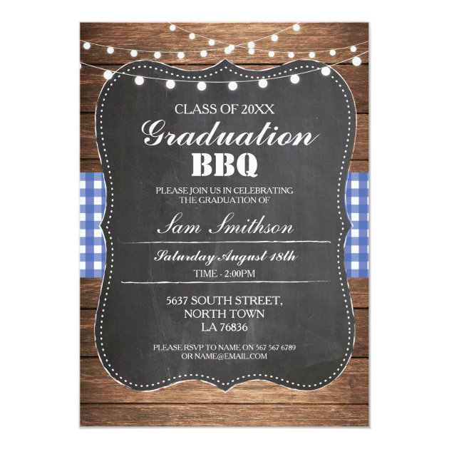 Graduation BBQ Invitation Blue Rustic Chalk