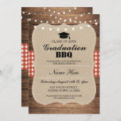 Graduation BBQ Invitation Red Rustic Wood (Front/Back)