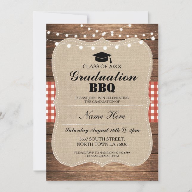 Graduation BBQ Invitation Red Rustic Wood (Front)