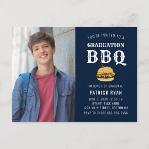 Graduation BBQ Party Blue White Stripe Invitation Postcard