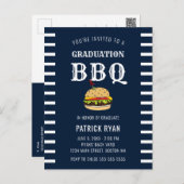 Graduation BBQ Party Blue White Stripe Invitation Postcard (Front/Back)