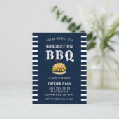Graduation BBQ Party Blue White Stripe Invitation Postcard (Standing Front)