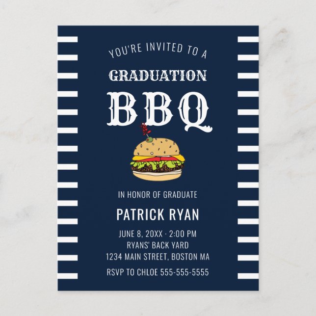 Graduation BBQ Party Blue White Stripe Invitation Postcard (Front)