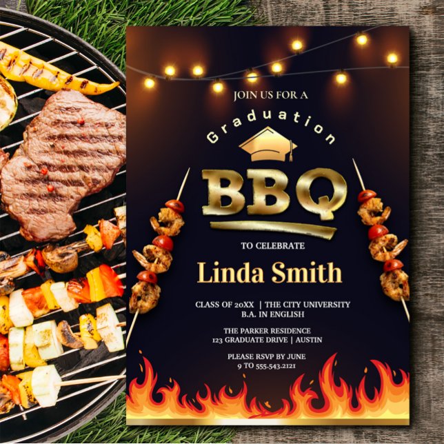 Graduation BBQ Party Invitation | Flame & Skewer  (Graduation BBQ Party Invitation | Flame & Skewer #zazzlemade #flamedesign #graduate2025 #partyfood)