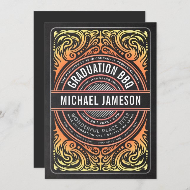 Graduation BBQ Party Invitations Grill & Fire (Front/Back)