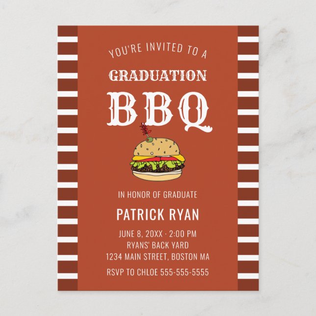 Graduation BBQ Party Orange White Stripe Invite (Front)