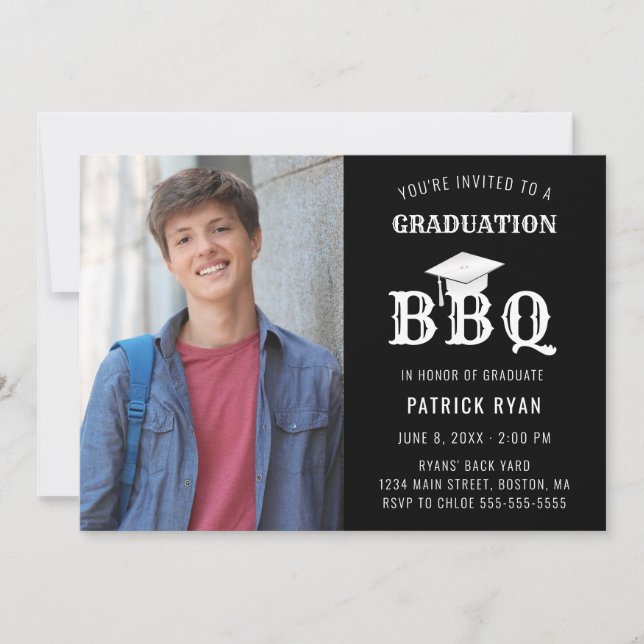 Graduation BBQ Party Photo Black White Grad Cap Announcement (Front)