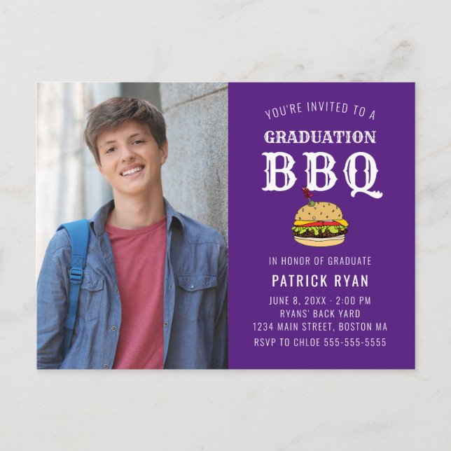 Graduation BBQ Party Purple White Invitation Postcard (Front)