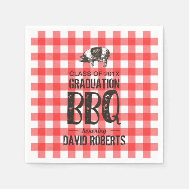 Graduation BBQ Party Red Gingham Pig Roast Napkins (Front)