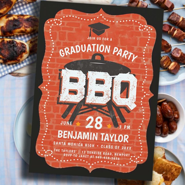 Graduation BBQ Party Rustic Wall Backyard Outdoor Invitation (male high school graduation party ideas bbq party invitations college grad rustic backyard outdoor)