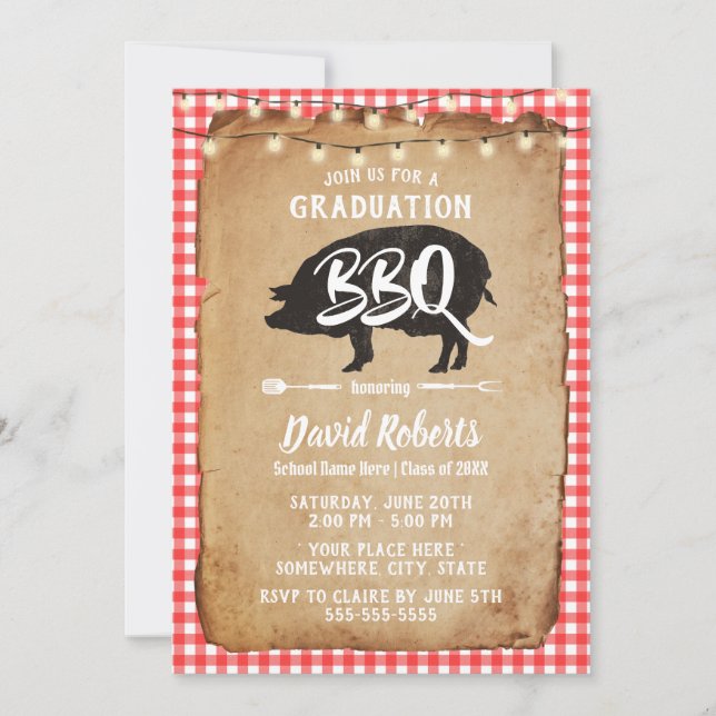 Graduation BBQ Party Vintage Red Plaid Chalkboard Invitation (Front)