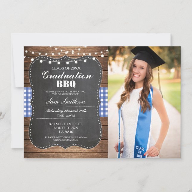 Graduation BBQ Photo Check Blue Rustic Wood Invitation (Front)