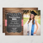Graduation BBQ Rustic Chalk Wood Lights Photo Invitation (Front/Back)