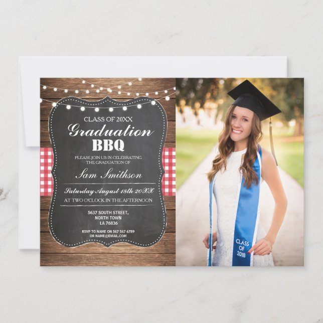 Graduation BBQ Rustic Chalk Wood Lights Photo Invitation (Front)
