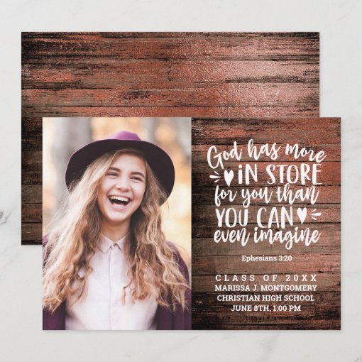 Graduation Bible Verse Photo Rustic Wood Script Announcement | Zazzle
