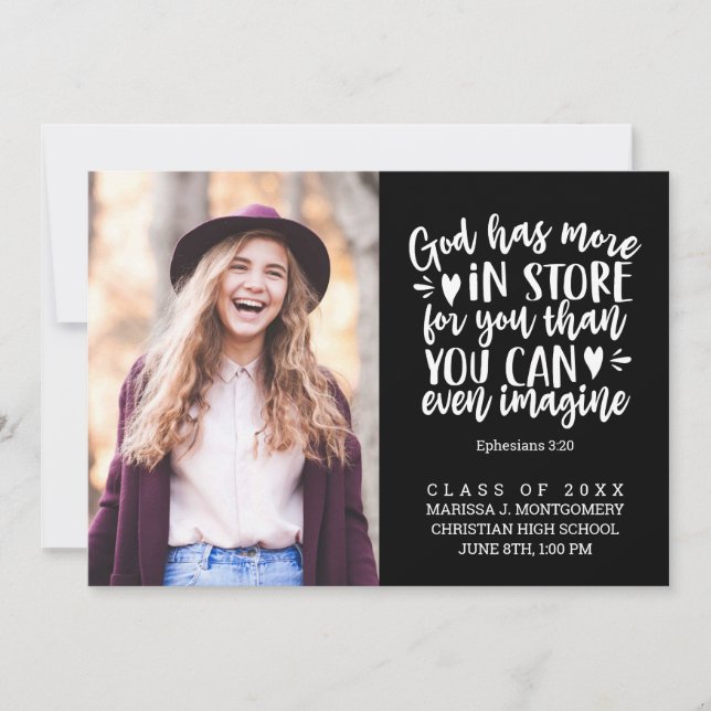 Graduation Bible Verse Photo White Script Black Announcement (Front)