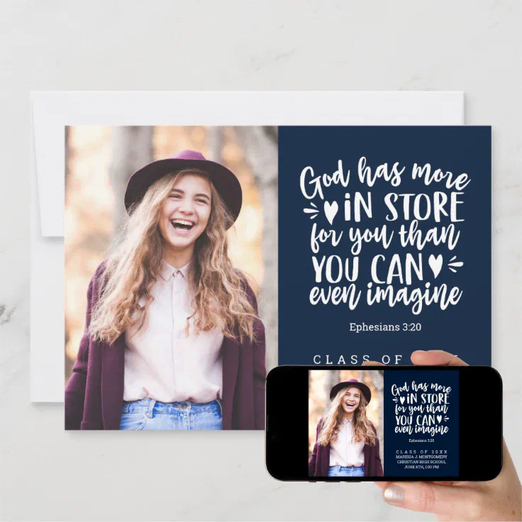 Graduation Bible Verse Photo White Script Blue Announcement Zazzle