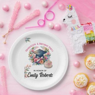 Graduation & Birthday Floral Double Celebration Paper Plates