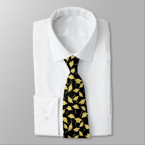 Graduation Black and Gold Caps in the Air Neck Tie