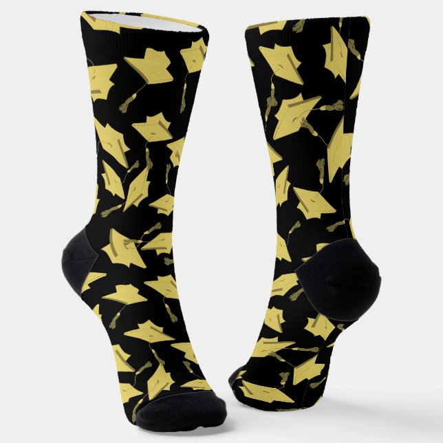 Graduation Black and Gold Caps in the Air Socks (Angled)