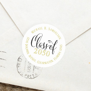 Graduation Black and Gold Return Address Script Classic Round Sticker