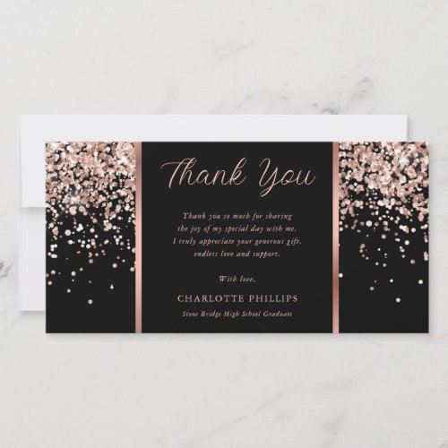 Graduation Black and Rose Gold Confetti Photo Thank You Card