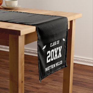 Graduation Black and White Graduate Name Short Table Runner