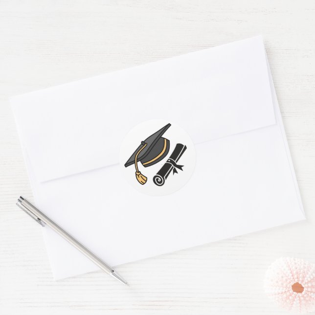 Graduation Black Cap and Diploma  Classic Round Sticker (Envelope)